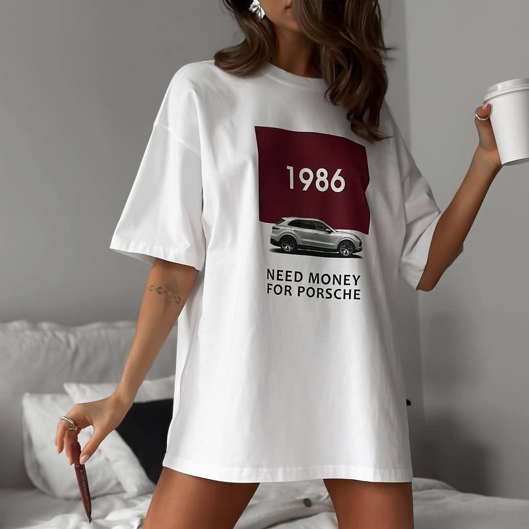 Oversize White Cotton T-Shirt with 1986 Car Print