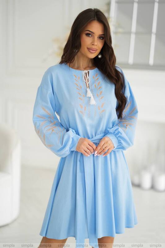 Light Blue Linen Embroidered Dress with Flared Skirt and Waist Belt