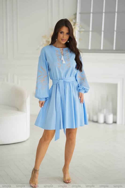 Light Blue Linen Embroidered Dress with Flared Skirt and Waist Belt