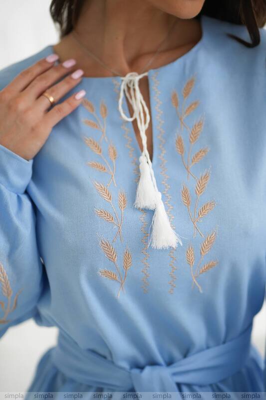 Light Blue Linen Embroidered Dress with Flared Skirt and Waist Belt