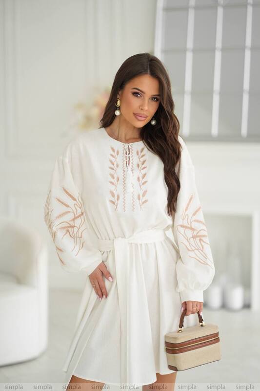 White Linen Embroidered Dress with Flared Skirt and Tassel Neckline