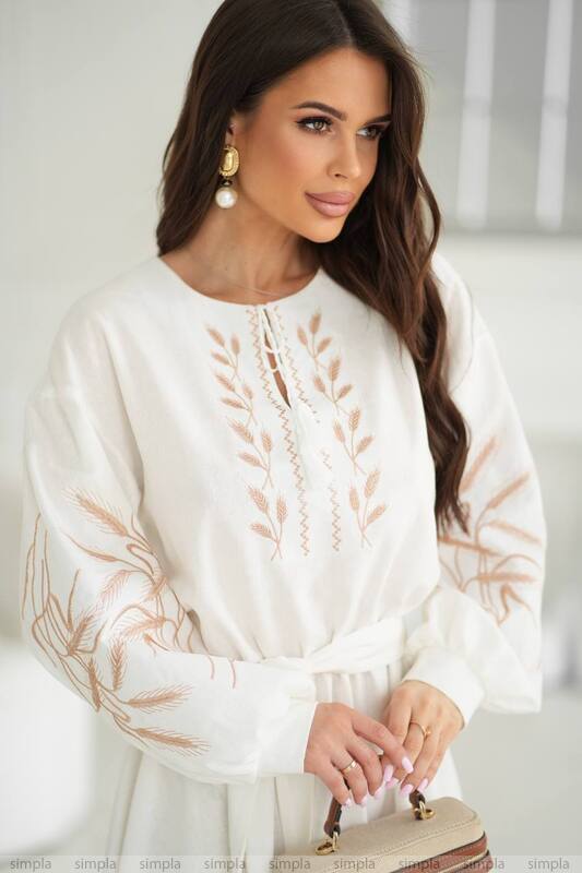 White Linen Embroidered Dress with Flared Skirt and Tassel Neckline