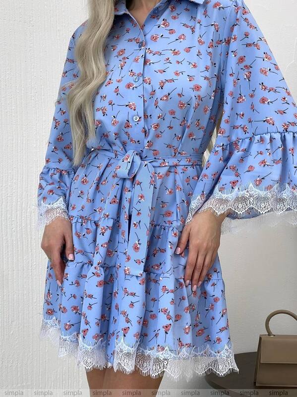 Stylish Blue Floral Print Dress with Lace Trim
