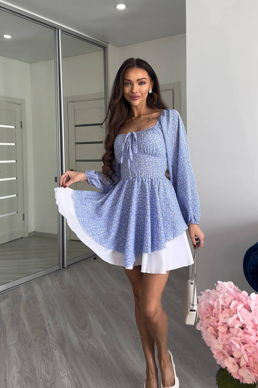 Stylish Blue Floral Print Mini Dress with Tie Back