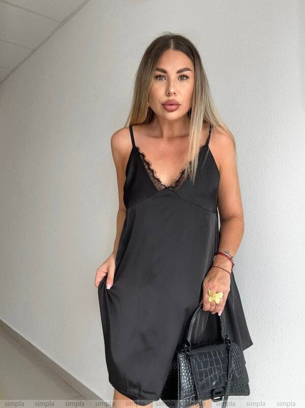 Elegant Black Slip Dress with Lace Details and Back Cutout