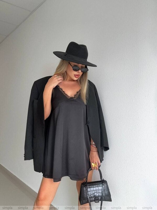 Elegant Black Slip Dress with Lace Details and Back Cutout