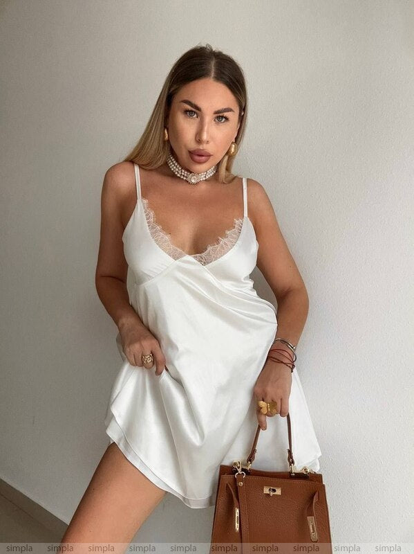 Elegant White Silk Slip Dress with Lace Detail and Back Cutout