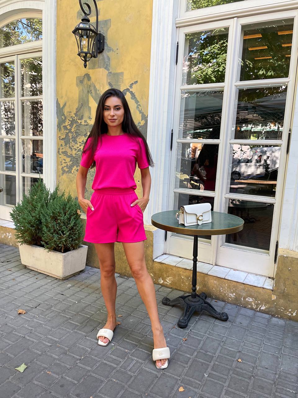 Bright Pink Summer Two-Piece Set Women Shorts and T-Shirt