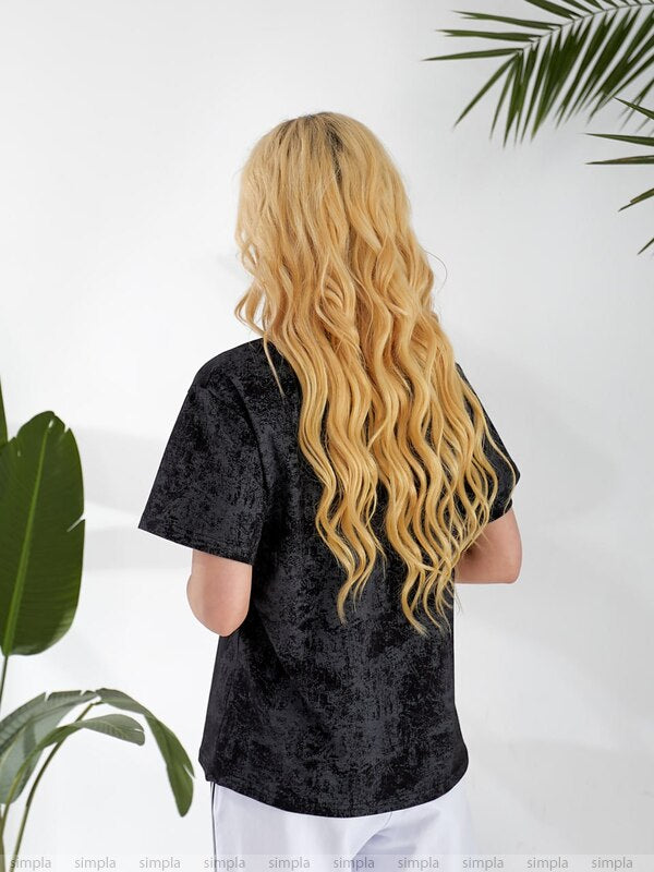 Trendy Black Washed Effect Basic T-Shirt Straight Cut