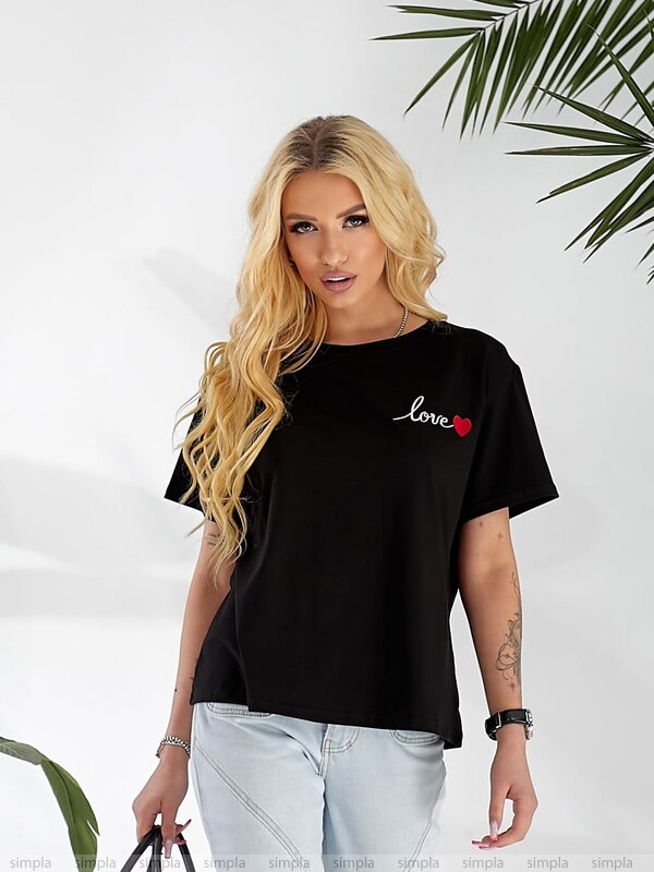 Black Womens T-Shirt with Cherry Embroidery Love Heart