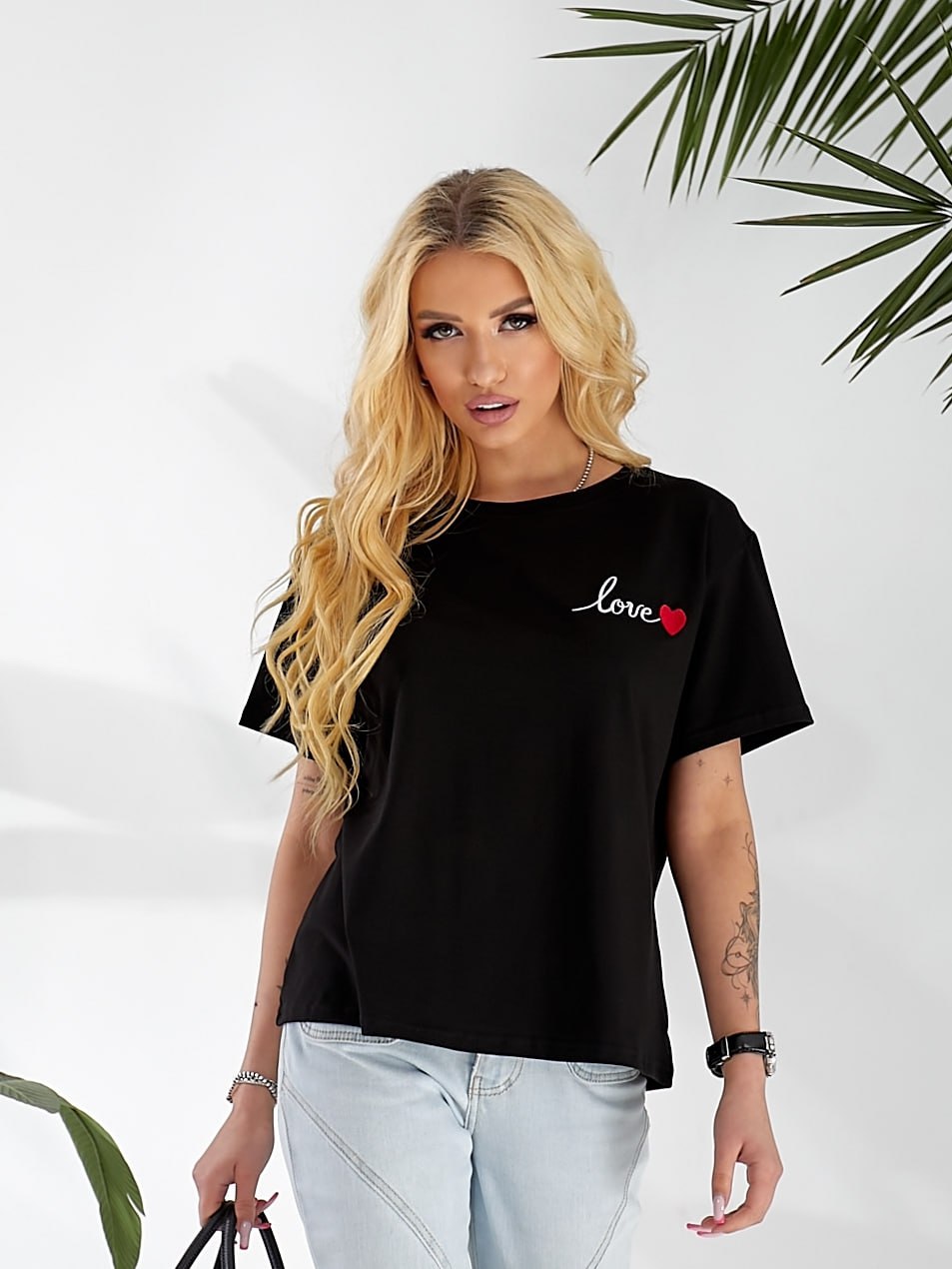 Black Womens T-Shirt with Cherry Embroidery Love Heart