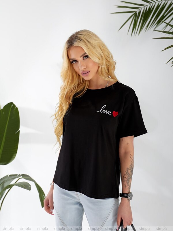 Black Womens T-Shirt with Cherry Embroidery Love Heart