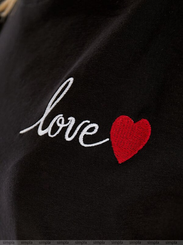 Black Womens T-Shirt with Cherry Embroidery Love Heart