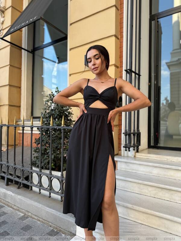 Elegant Black Soft Fabric Midi Dress with Side Slit and Cutout