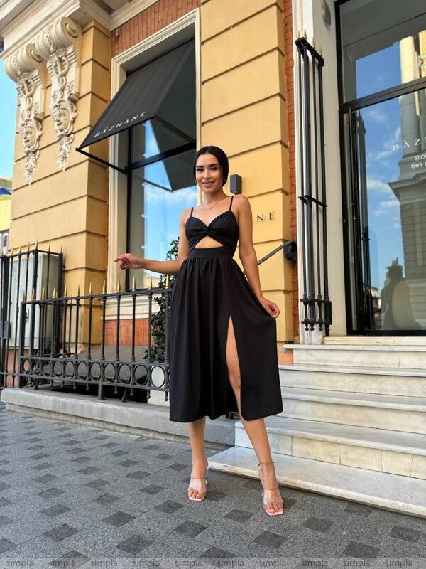 Elegant Black Soft Fabric Midi Dress with Side Slit and Cutout