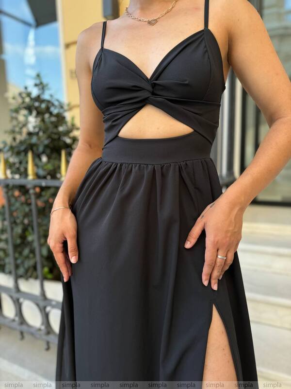 Elegant Black Soft Fabric Midi Dress with Side Slit and Cutout