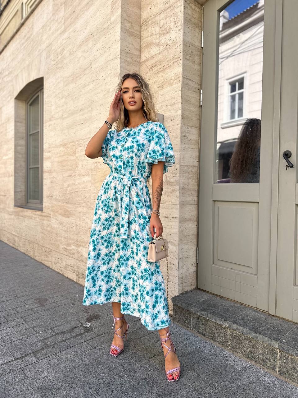 Floral Print Midi Dress with Waist Tie and Flutter Sleeves