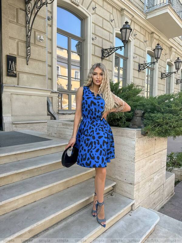 Woman in a blue dress standing on steps outside a building