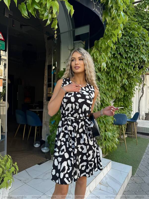 Summer Printed Silk Soft Dress with Elastic Waist and Belt