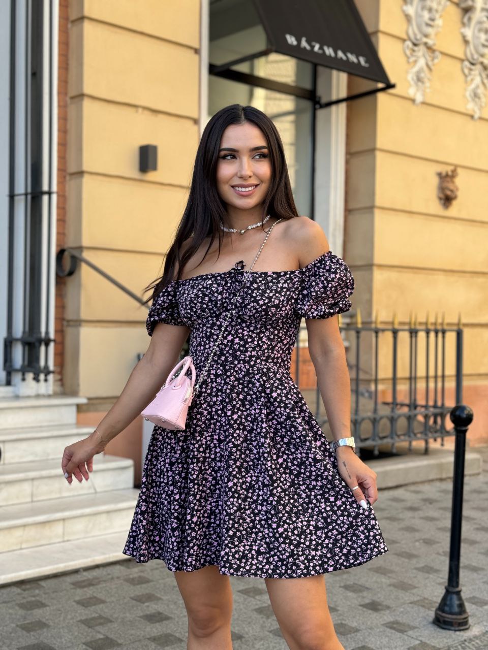 Off-Shoulder Floral Mini Dress with Adjustable Waist and Elastic Sleeves
