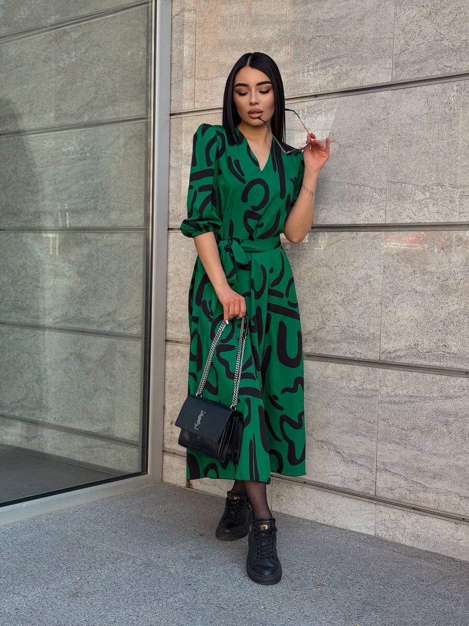 Lightweight Green Summer Dress with Black Abstract Print