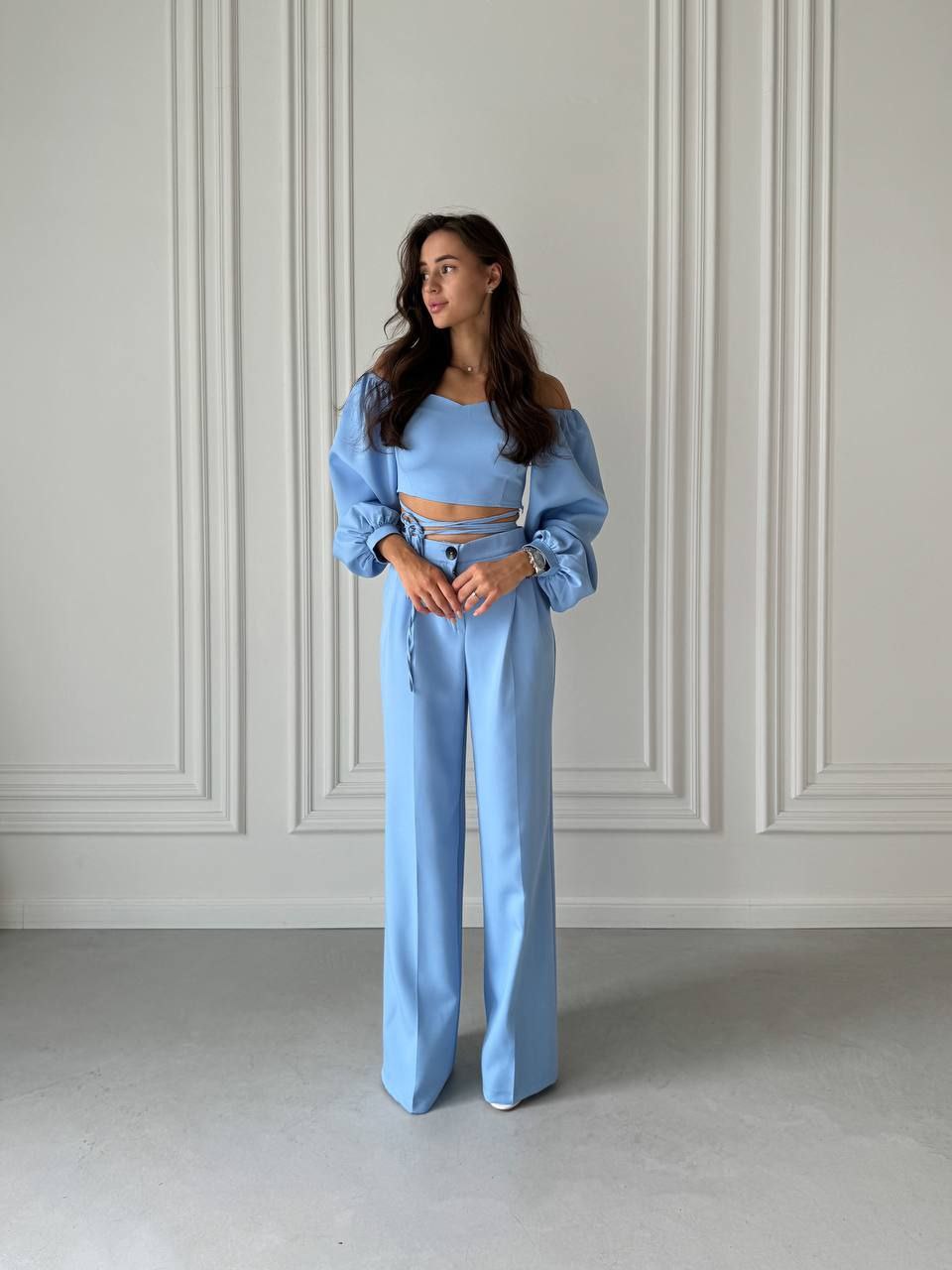 Light Blue High Waist Pants and Off-Shoulder Top Set