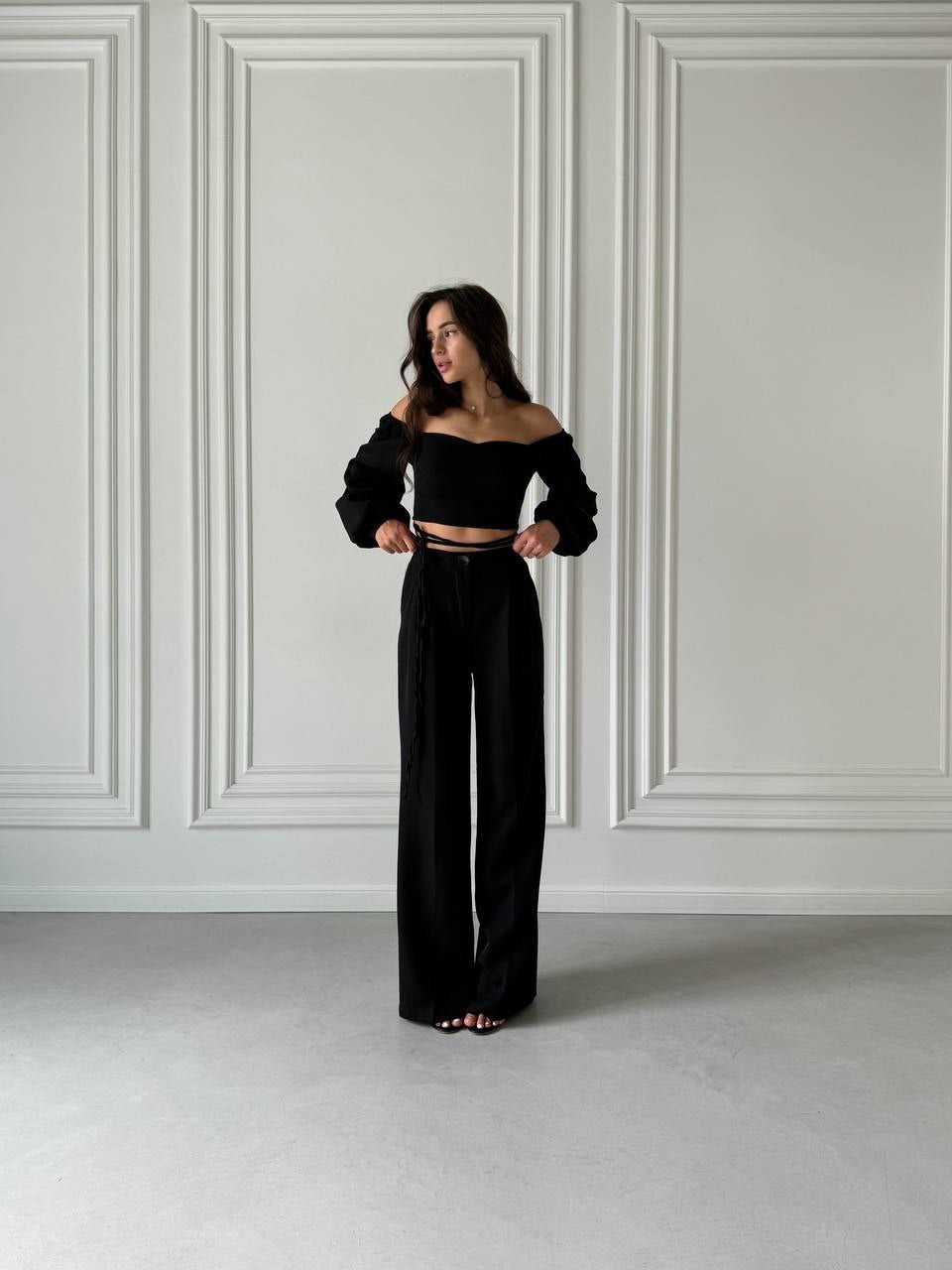Elegant Black Two-Piece Set High-Waist Pants and Off-Shoulder Top