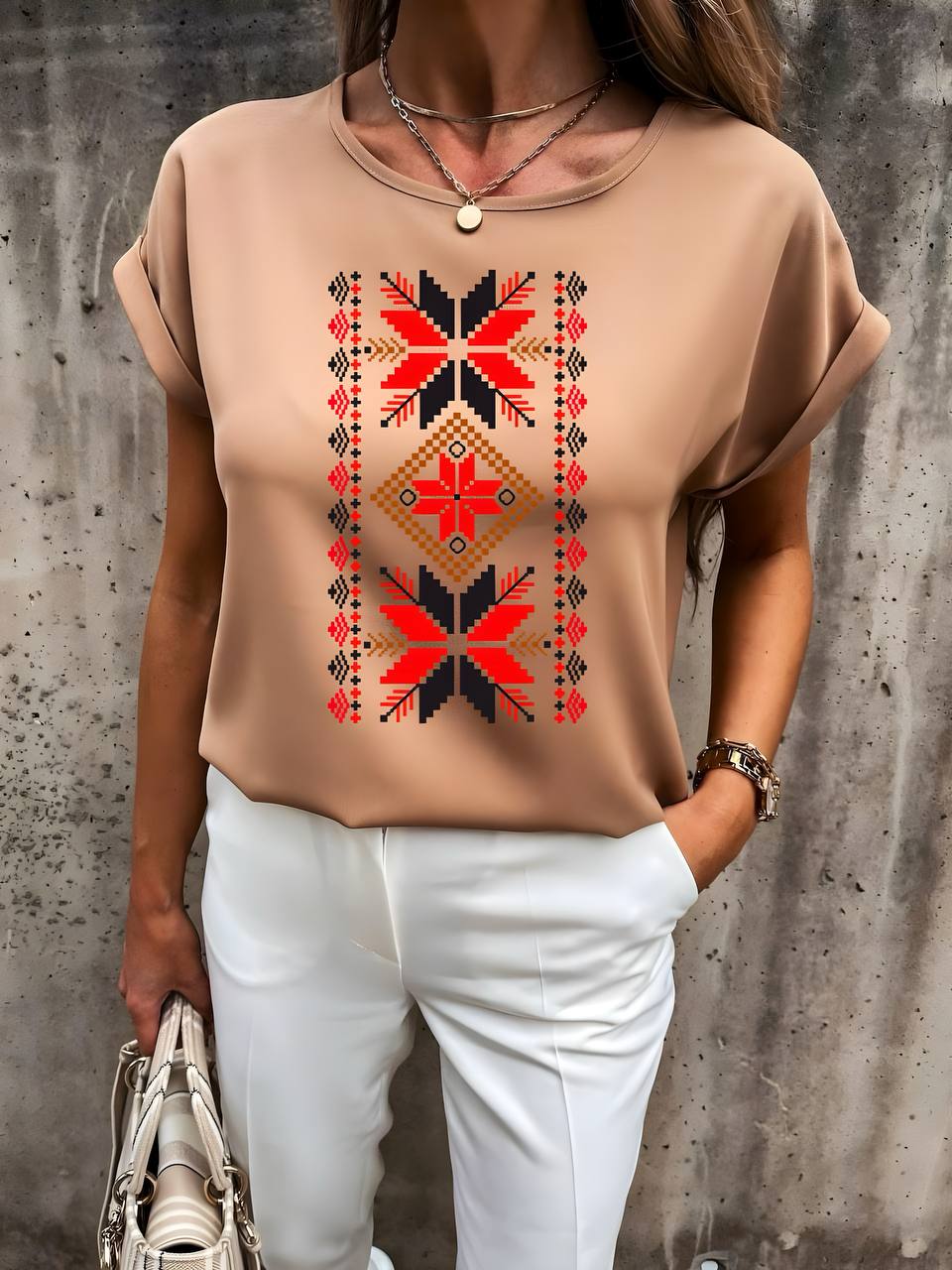 Lightweight Beige Blouse with Ethnic Pattern