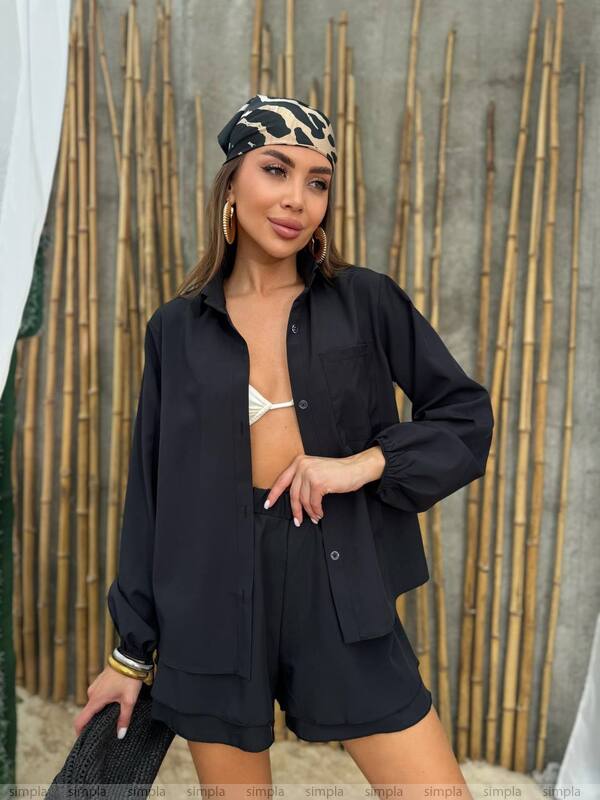 Lightweight Summer Soft Fabric Women's Two-Piece Set Black Shorts and Shirt