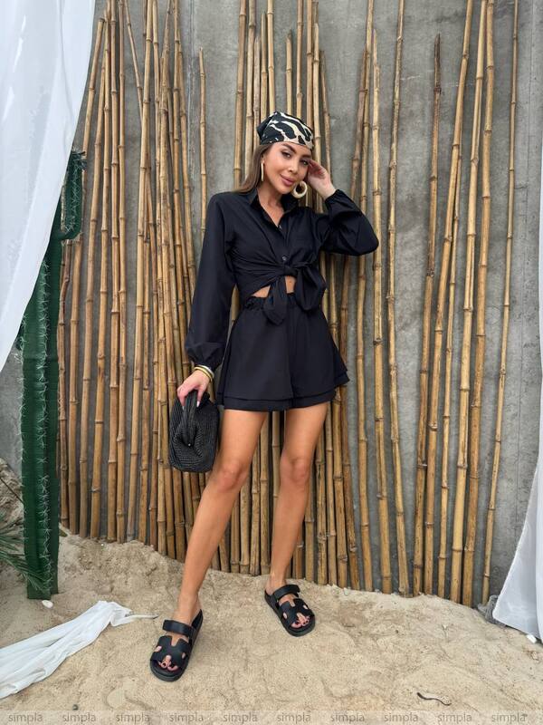 Lightweight Summer Soft Fabric Women's Two-Piece Set Black Shorts and Shirt