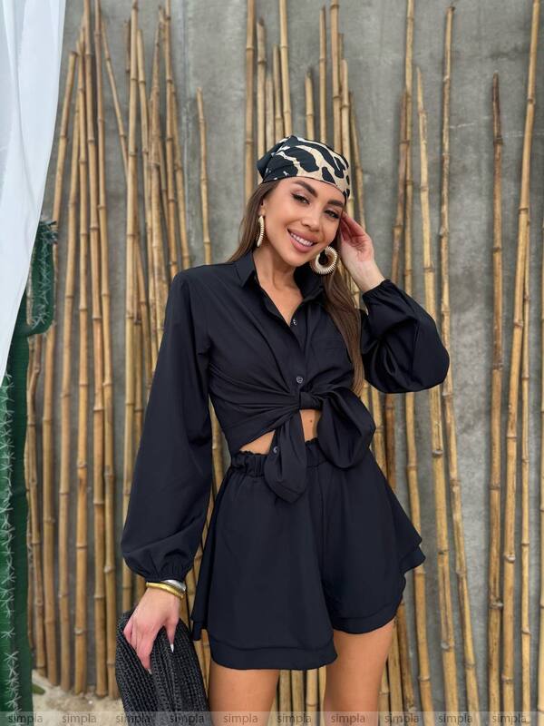 Lightweight Summer Soft Fabric Women's Two-Piece Set Black Shorts and Shirt