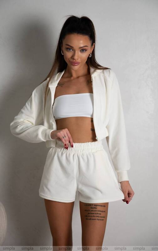 White Velour Two-Piece Set with Zip Hoodie and Elastic Waist Shorts