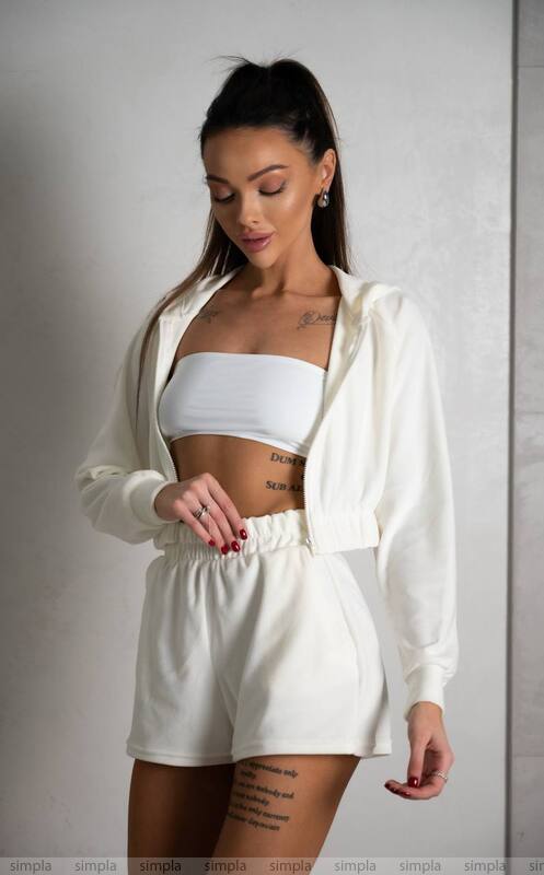 White Velour Two-Piece Set with Zip Hoodie and Elastic Waist Shorts