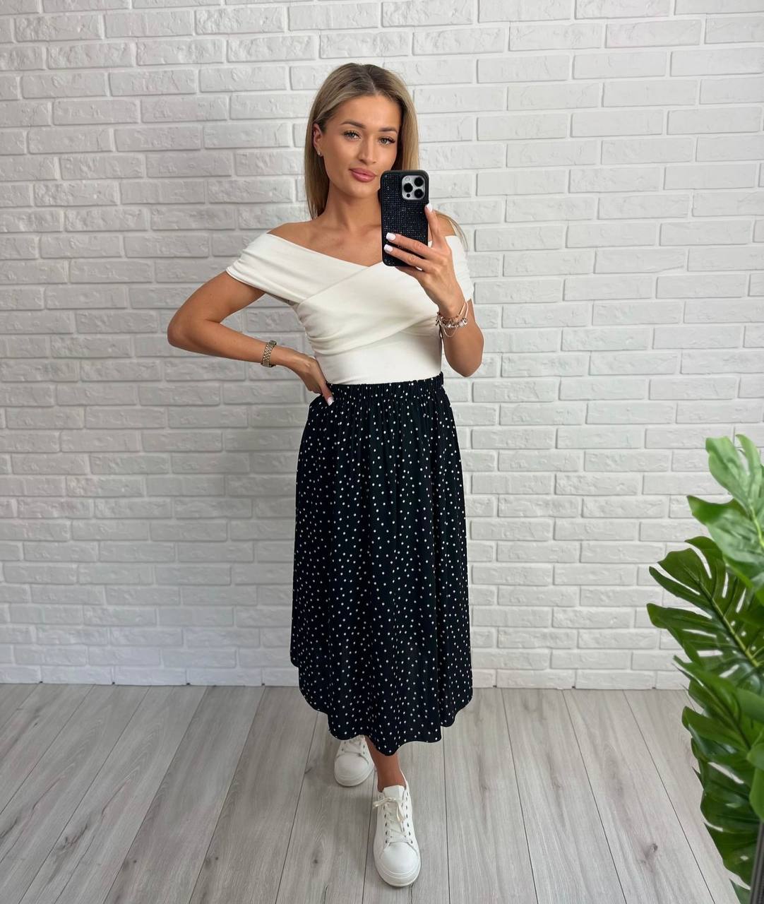 Women Off Shoulder White Bodysuit and Black Polka Dot Skirt Set