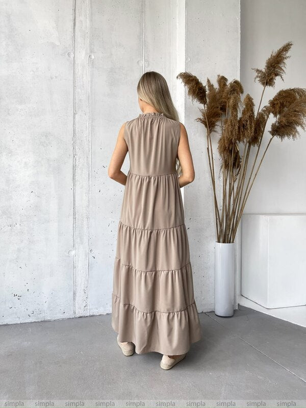 Sleeveless Loose Fit Tiered Maxi Dress with Tie Neck