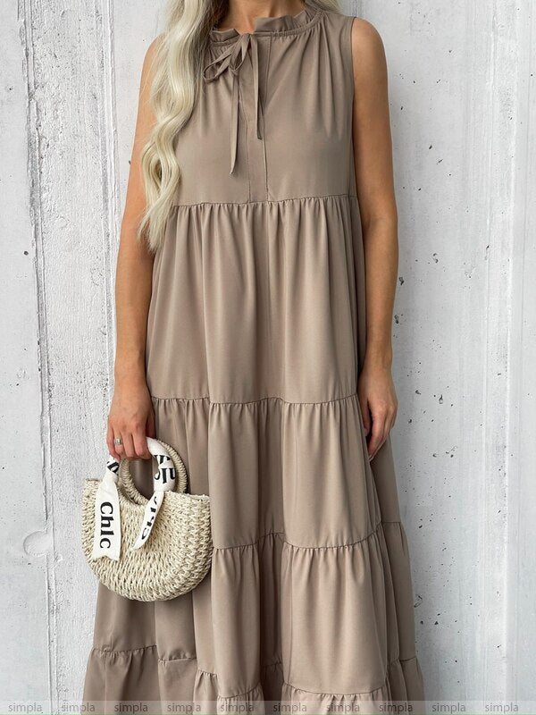 Sleeveless Loose Fit Tiered Maxi Dress with Tie Neck