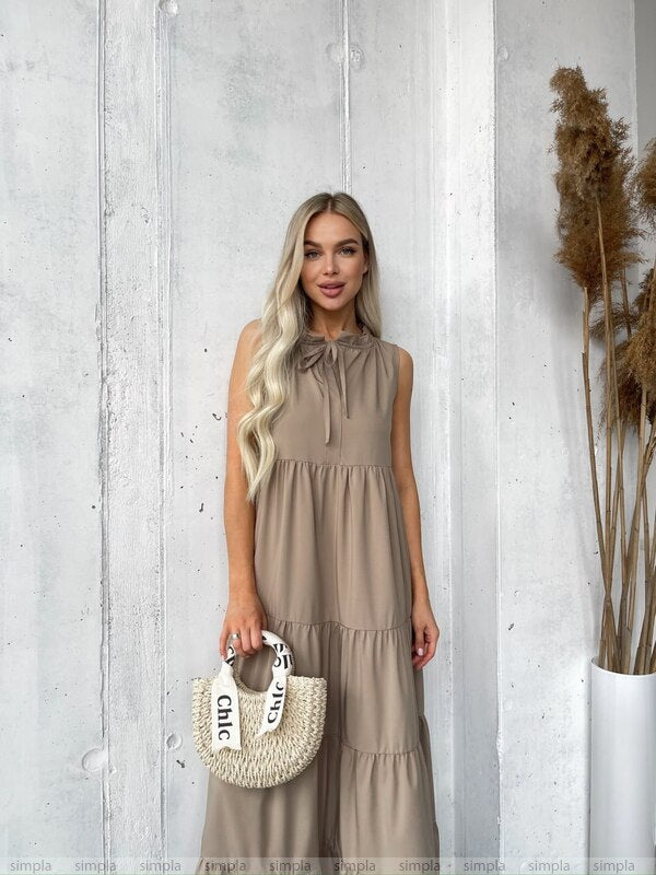 Sleeveless Loose Fit Tiered Maxi Dress with Tie Neck