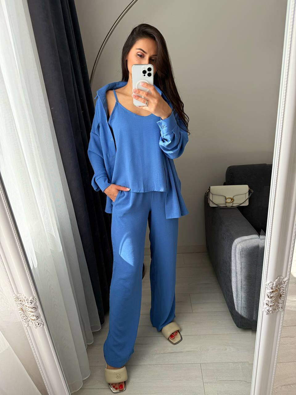 Stylish Blue Three-Piece Lounge Suit with Tank Top Pants and Shirt
