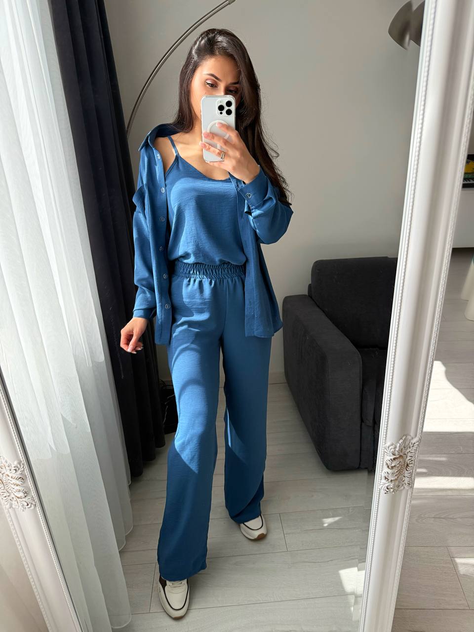 Womens Three-Piece Lounge Suit Blue Crepe Jersey Set