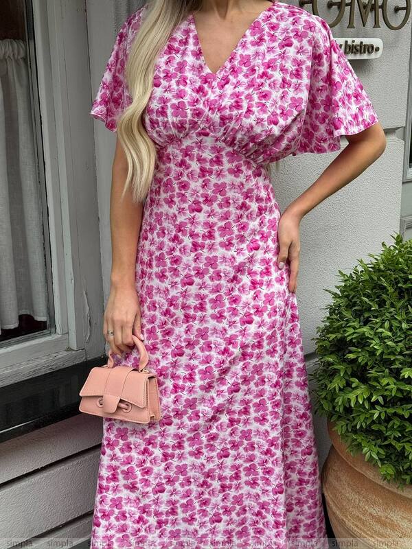 Lightweight Pink Floral Midi Dress for Summer Walks