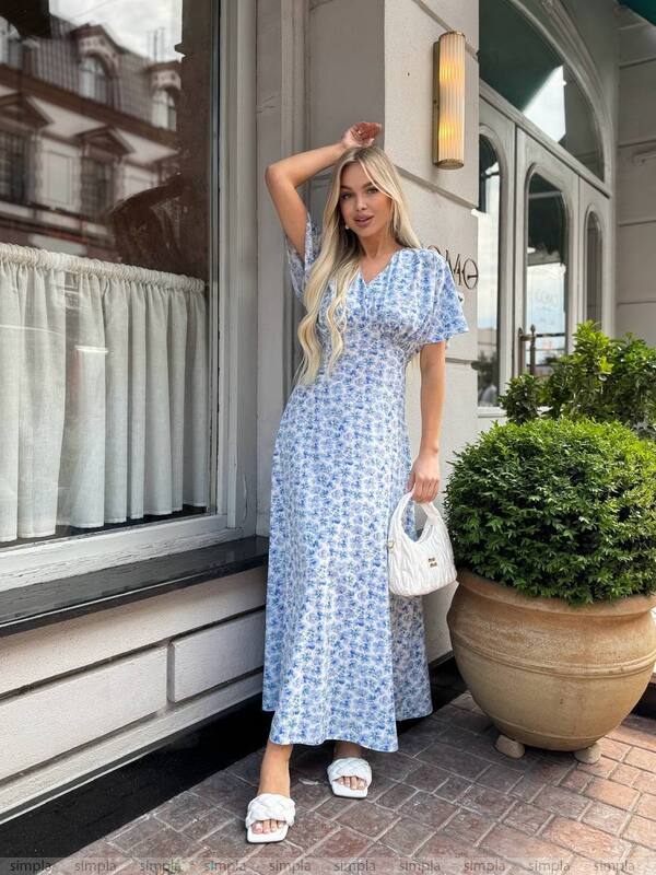 Lightweight Midi Summer Dress Blue Floral Print