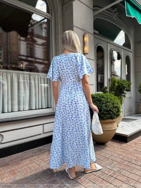 Lightweight Midi Summer Dress Blue Floral Print