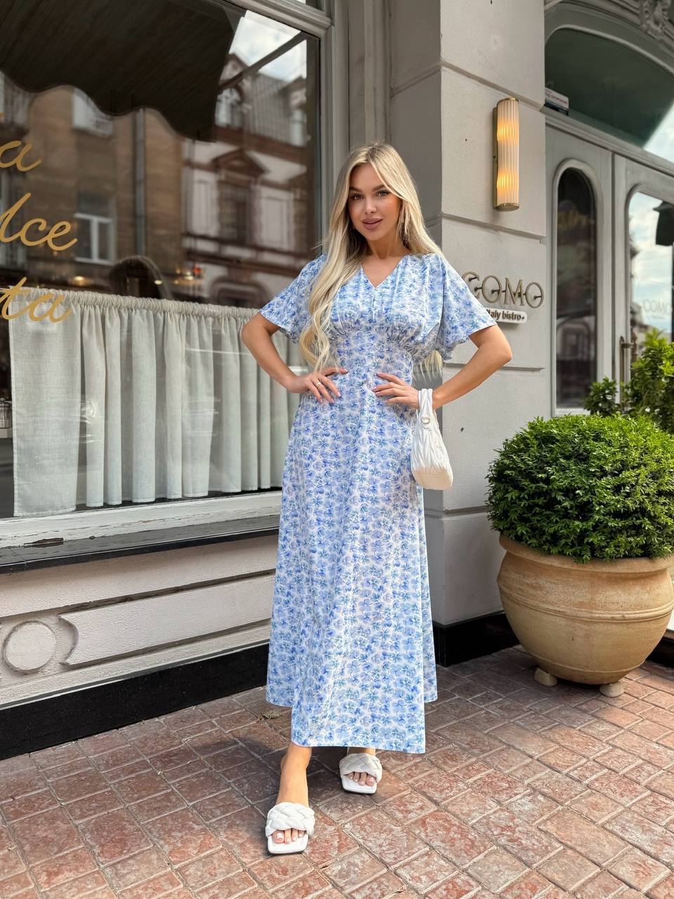 Lightweight Midi Summer Dress Blue Floral Print