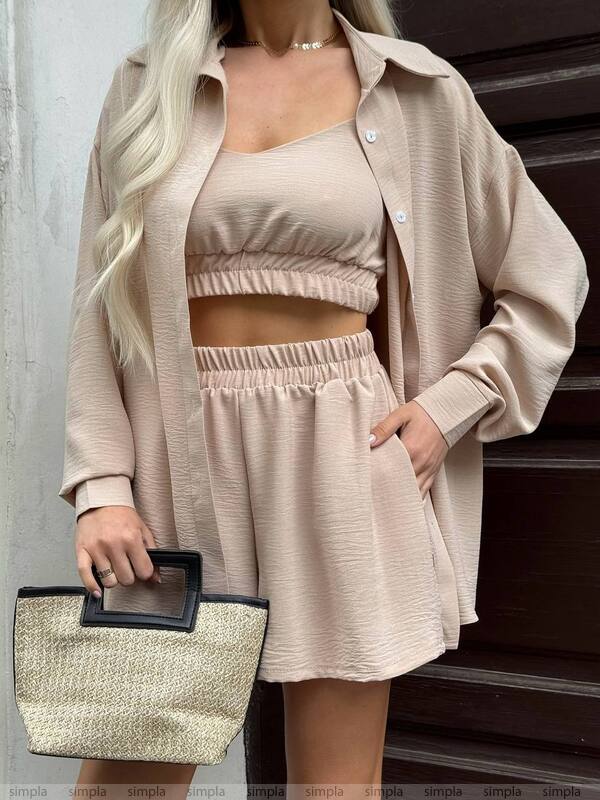 Womens Beige Three-Piece Summer Suit Set