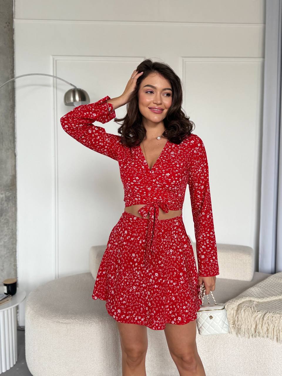 Red Floral Print Two-Piece Dress Set Lightweight Soft Material
