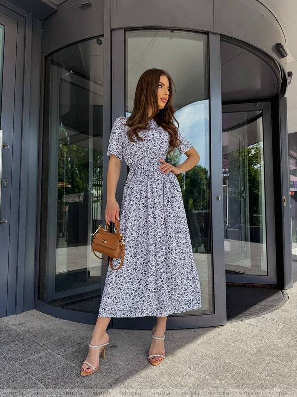 Light Midi Dress with Short Sleeves and Floral Print