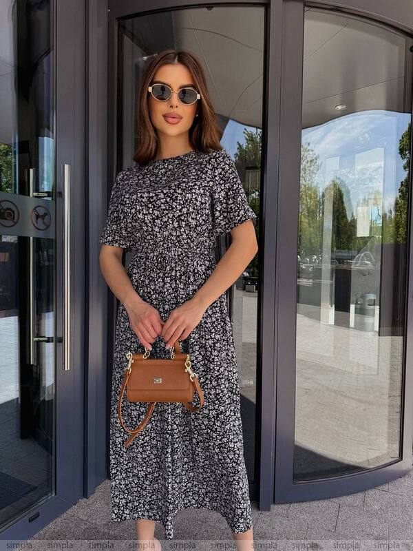 Lightweight Floral Midi Dress with Short Sleeves and Fitted Waist