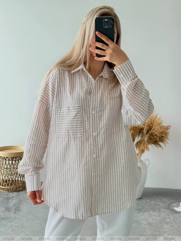 Oversize Natural Linen Striped Shirt for Women