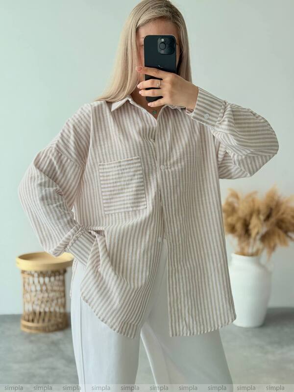 Oversize Natural Linen Striped Shirt for Women