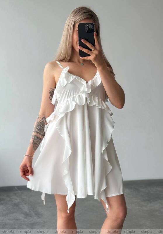White Boho Ruffle Mini Dress with Adjustable Straps